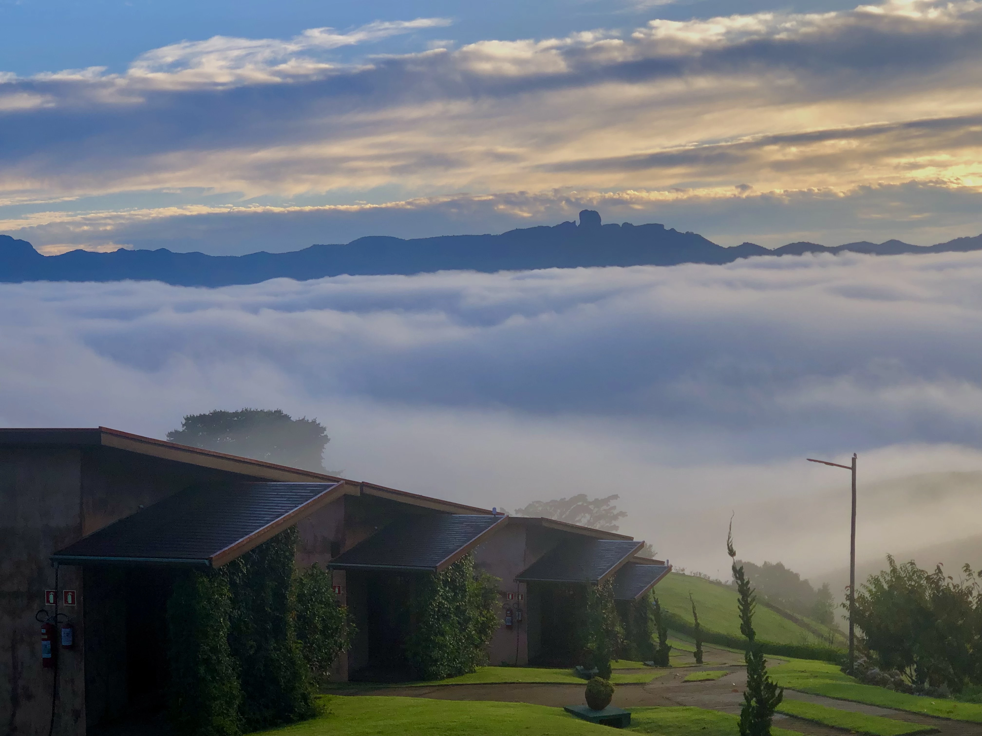 Chalé de madeira entre árvores da mata atlântica na Serra da Mantiqueira com neblina matinal